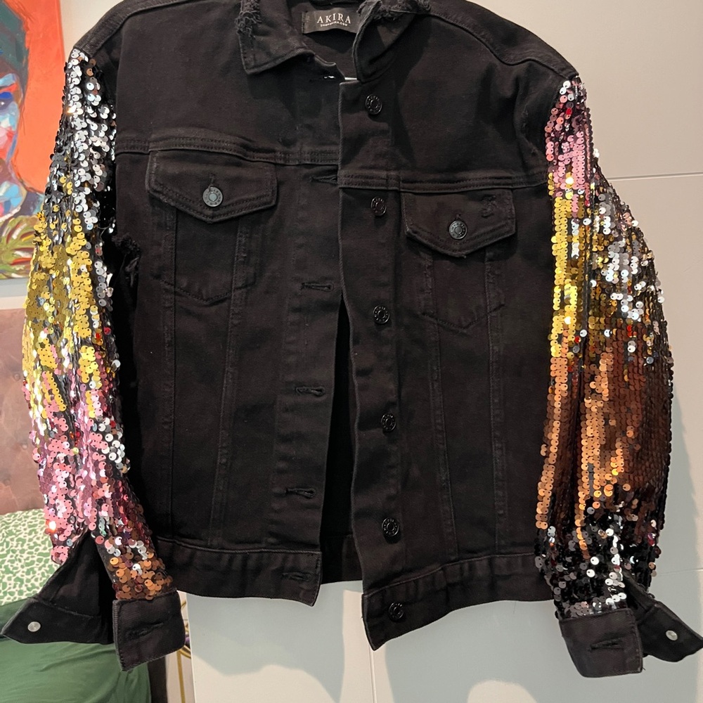 AKIRA Black Sequin Sleeve Jean Jacket